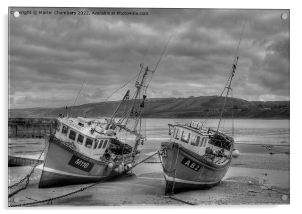 New Quay Fishing Boats Black and White  Acrylic by Martin Chambers