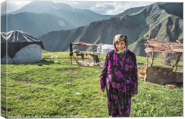 Old woman outside her yurt in the mountains of Kyrgyztan Canvas Print by Frank Bach