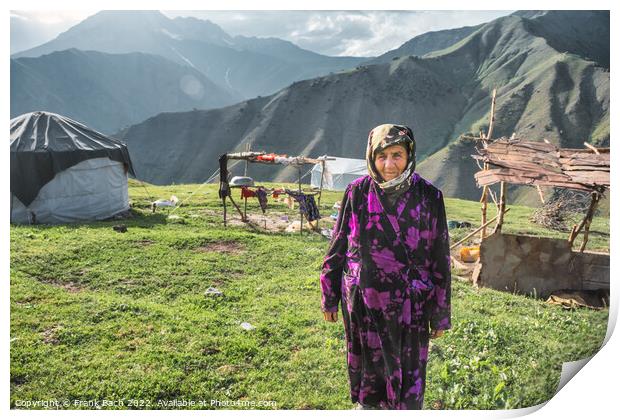 Old woman outside her yurt in the mountains of Kyrgyztan Print by Frank Bach