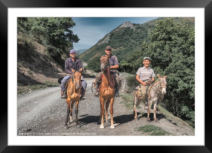 Three men riding horses and a donkey in Kyrgyzstan Framed Mounted Print by Frank Bach