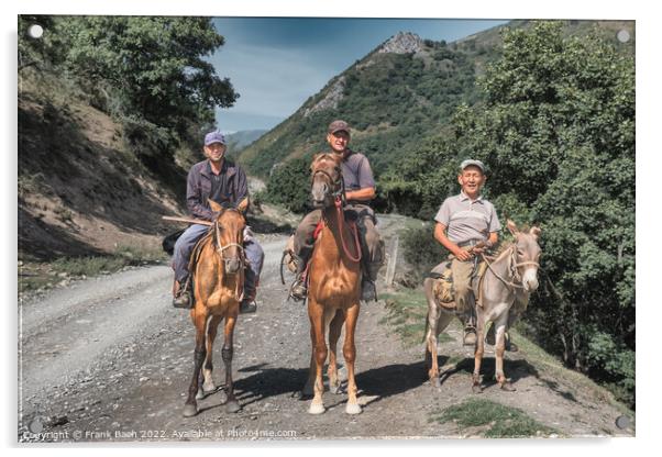 Three men riding horses and a donkey in Kyrgyzstan Acrylic by Frank Bach