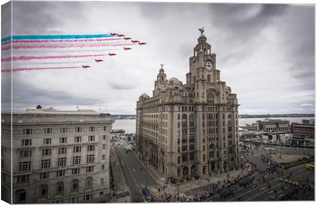 Red Arrows in Liverpool Canvas Print by J Biggadike