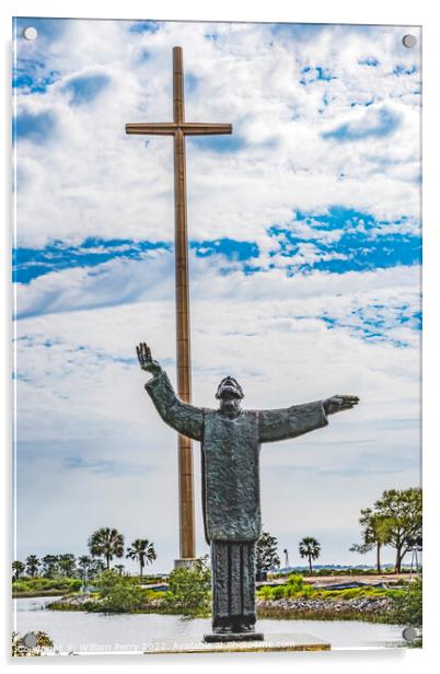 Large Cross Father Statue Mission Nombre Dios Saint Augustine Fl Acrylic by William Perry