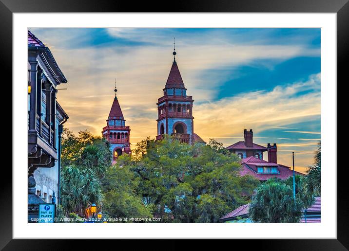 Red White Flagler College Towers Evening St Augustine Florida  Framed Mounted Print by William Perry