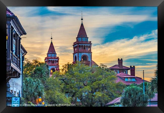 Red White Flagler College Towers Evening St Augustine Florida  Framed Print by William Perry