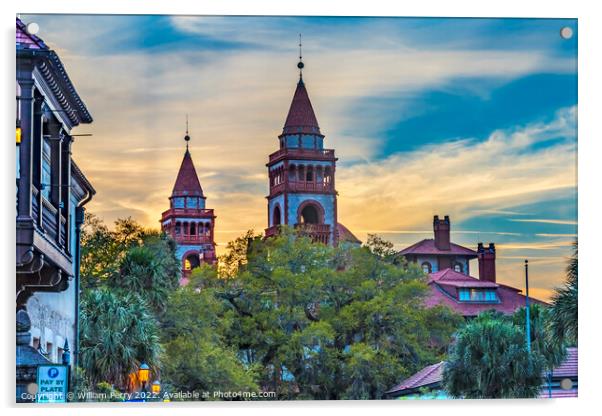 Red White Flagler College Towers Evening St Augustine Florida  Acrylic by William Perry