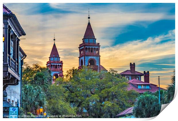 Red White Flagler College Towers Evening St Augustine Florida  Print by William Perry