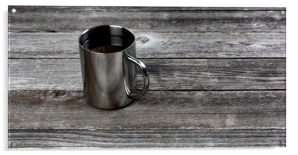Dark coffee inside stainless steel mug on old wood table with co Acrylic by Thomas Baker