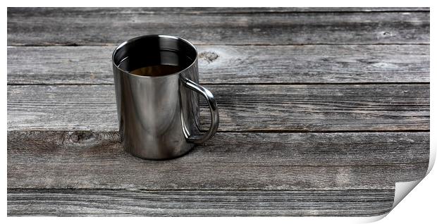Dark coffee inside stainless steel mug on old wood table with co Print by Thomas Baker