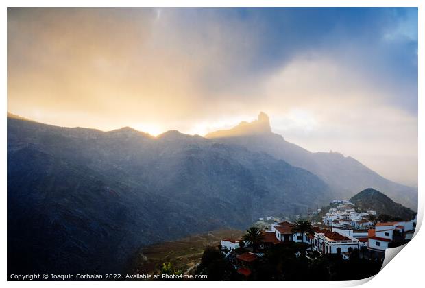 Roque Bentayga and the city of Tejeda at sunset, a great view of Print by Joaquin Corbalan