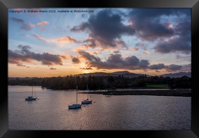 Windermere sunset and boats Framed Print by Graham Moore