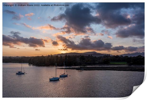 Windermere sunset and boats Print by Graham Moore