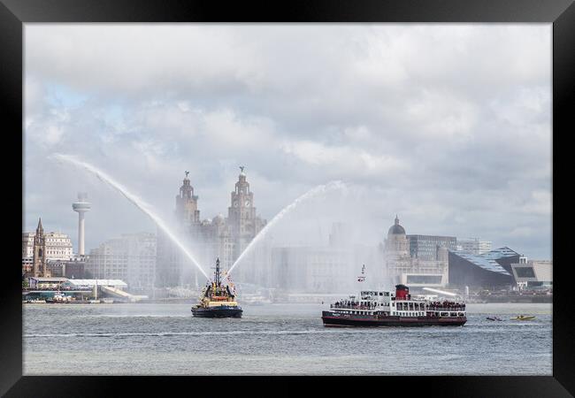 Pilot boat spraying water on the River Mersey Framed Print by Jason Wells