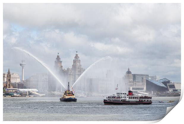 Pilot boat spraying water on the River Mersey Print by Jason Wells