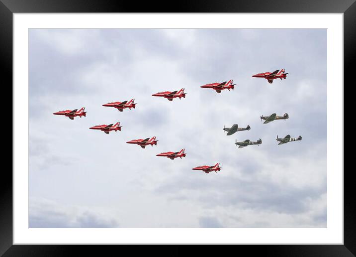 Red Arrows and BBMF Spitfires and Hurricanes Framed Mounted Print by J Biggadike
