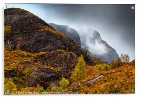 Glen Coe, Three Sisters Mountains Autumn Mist. Acrylic by Barbara Jones