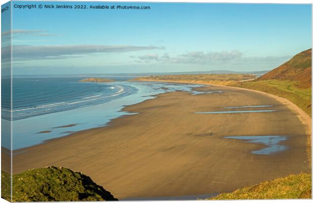 Rhossili Beach Downs and Rock Gower Canvas Print by Nick Jenkins