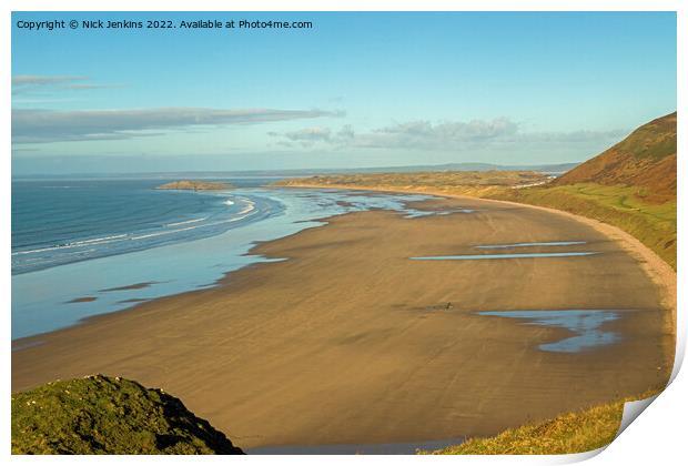 Rhossili Beach Downs and Rock Gower Print by Nick Jenkins