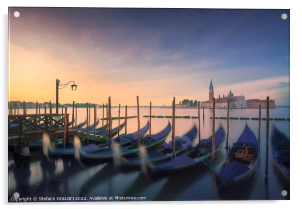 Venice lagoon, San Giorgio church and gondolas at sunrise. Italy Acrylic by Stefano Orazzini