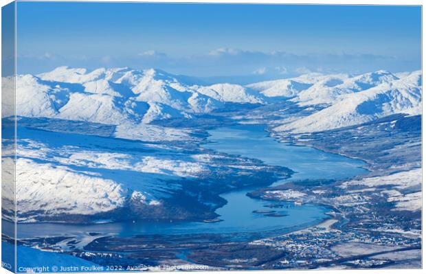 Loch Eil in winter, from Ben Nevis Canvas Print by Justin Foulkes