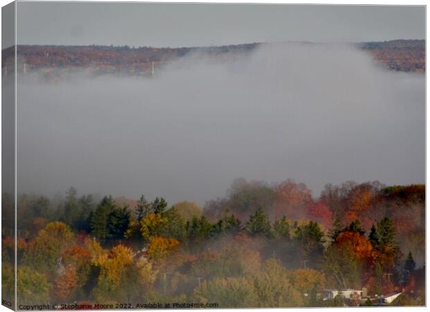 Mist over Fall Trees Canvas Print by Stephanie Moore