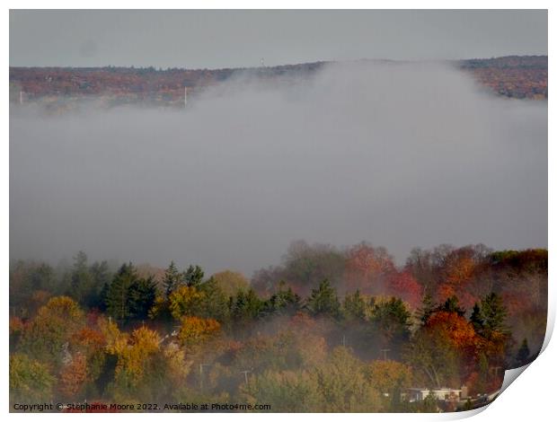 Mist over Fall Trees Print by Stephanie Moore