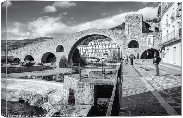 Panoramic of the bridge New of Camprodon - Black and White Editi Canvas Print by Jordi Carrio