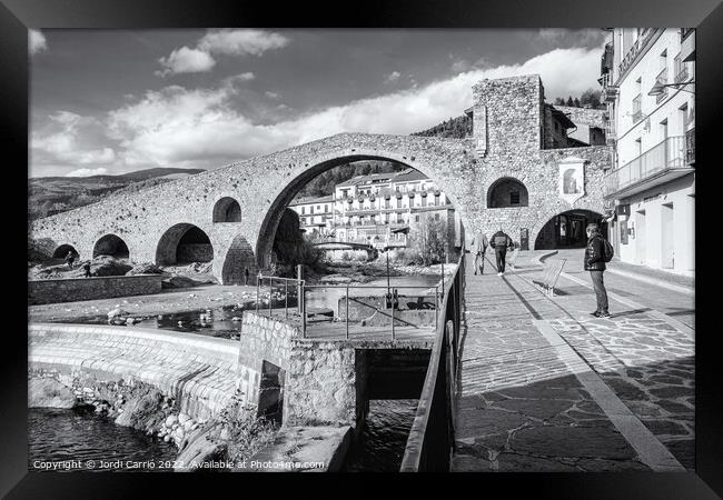 Panoramic of the bridge New of Camprodon - Black and White Editi Framed Print by Jordi Carrio