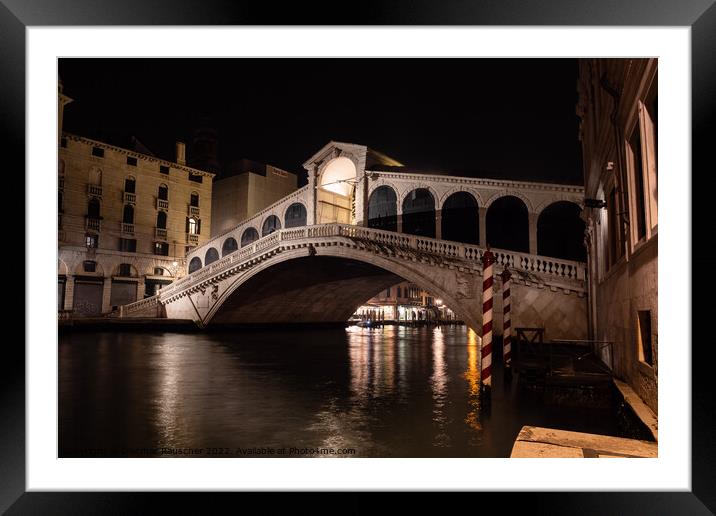 Rialto Bridge in Venice, Italy at Night Framed Mounted Print by Dietmar Rauscher