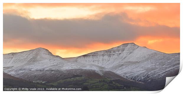 Bannau Brycheiniog snow covered peaks at sunset. Print by Philip Veale