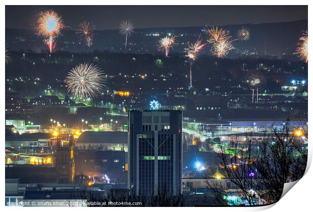 Fireworks over Blackburn on New Years Day Print by Shafiq Khan
