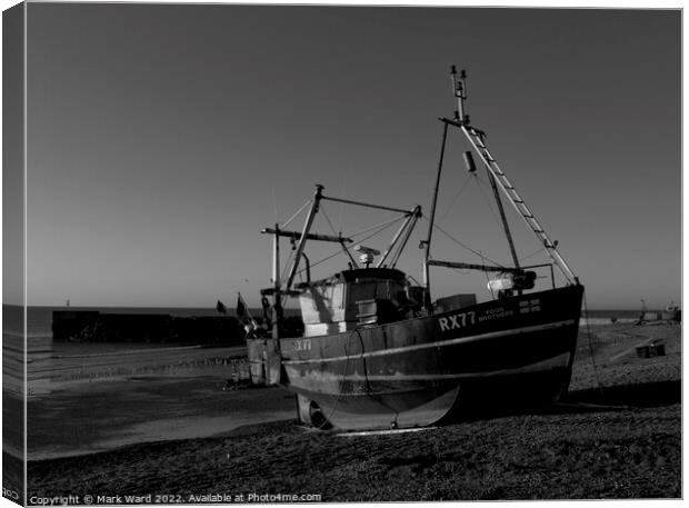 Hastings Fishing Boat in Black and White. Canvas Print by Mark Ward
