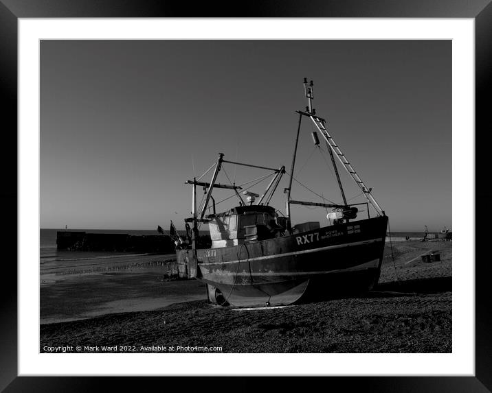 Hastings Fishing Boat in Black and White. Framed Mounted Print by Mark Ward