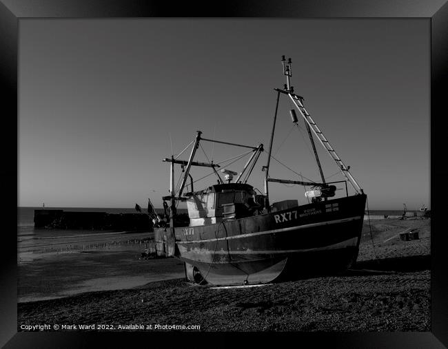 Hastings Fishing Boat in Black and White. Framed Print by Mark Ward