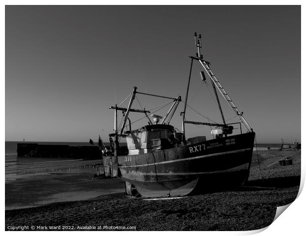 Hastings Fishing Boat in Black and White. Print by Mark Ward