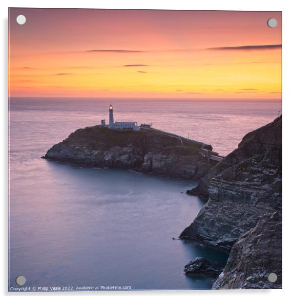 South Stack Lighthouse Anglesey, Golden Twilight. Acrylic by Philip Veale