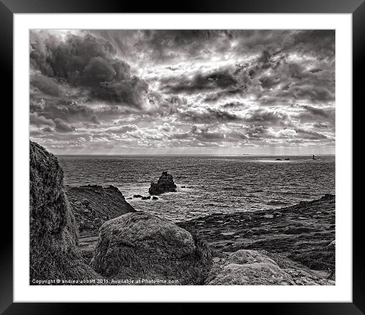 Stormy skies Over Lands End Framed Mounted Print by andrea abbott