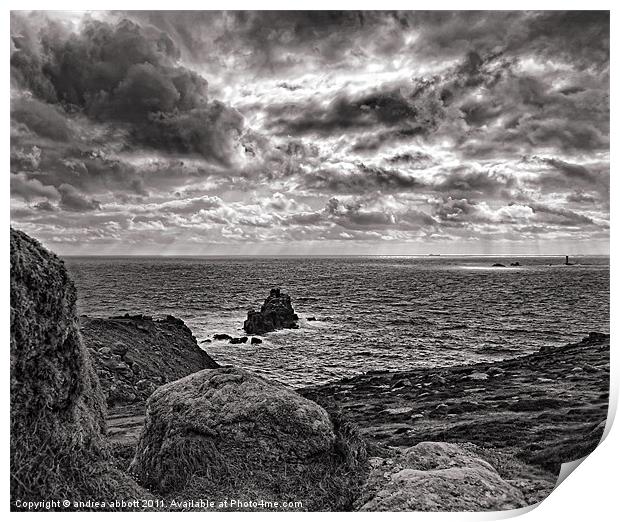 Stormy skies Over Lands End Print by andrea abbott