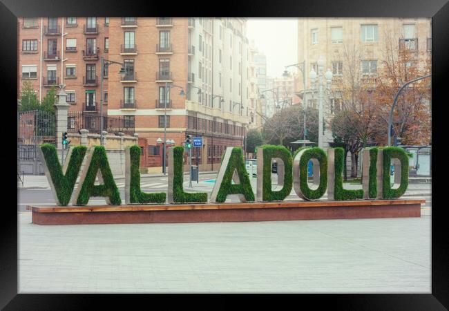 Valladolid, SPAIN - December 20, 2020: urban sign welcoming the city Framed Print by David Galindo