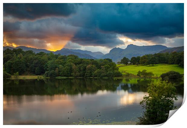 Sunset at Loughrigg Tarn in Lake District Print by Steve Heap