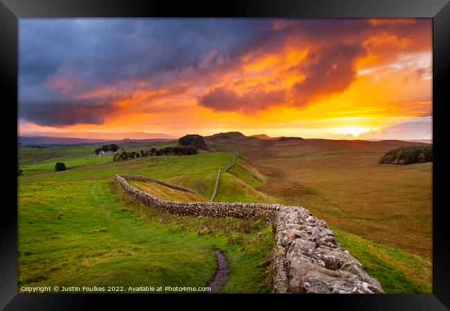 Sunset over Hadrians Wall Framed Print by Justin Foulkes