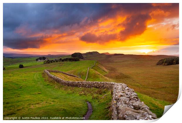 Sunset over Hadrians Wall Print by Justin Foulkes