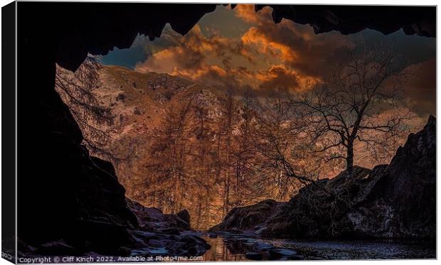 Inside Rydal Cave looking out Canvas Print by Cliff Kinch