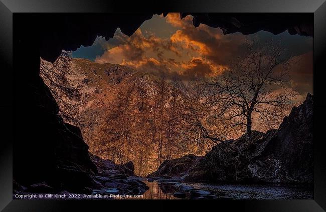 Inside Rydal Cave looking out Framed Print by Cliff Kinch