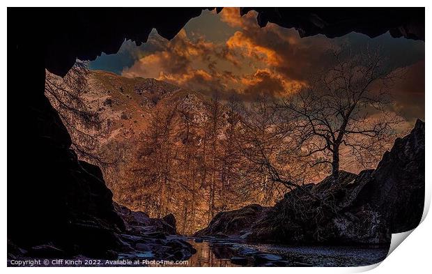 Inside Rydal Cave looking out Print by Cliff Kinch