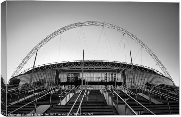 Wembley Stadium in black and white Canvas Print by Ann Biddlecombe