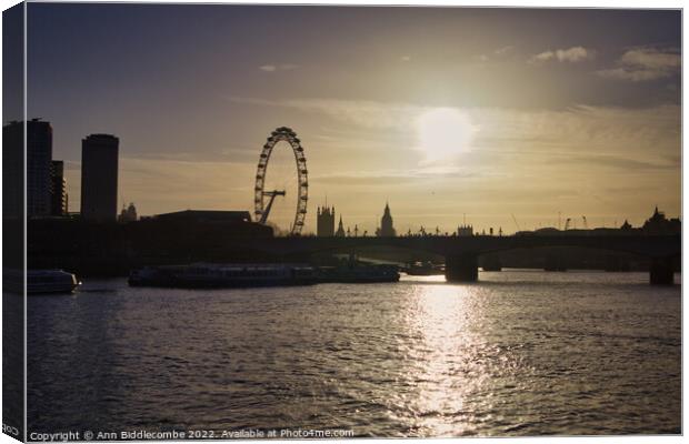 View from the Thames towards the London eye Canvas Print by Ann Biddlecombe