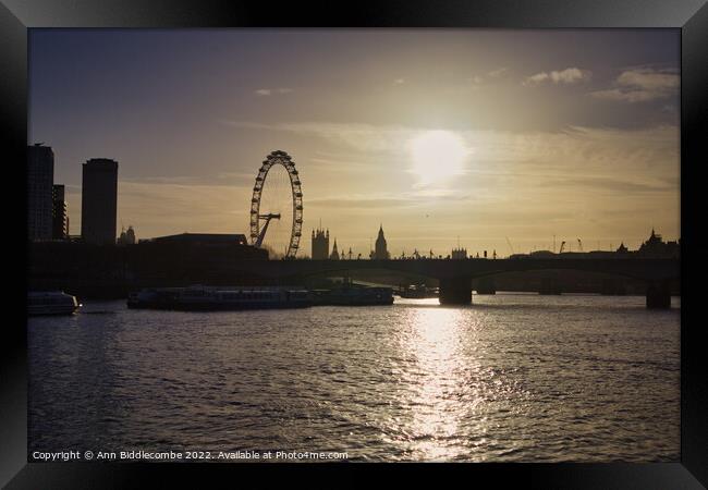View from the Thames towards the London eye Framed Print by Ann Biddlecombe