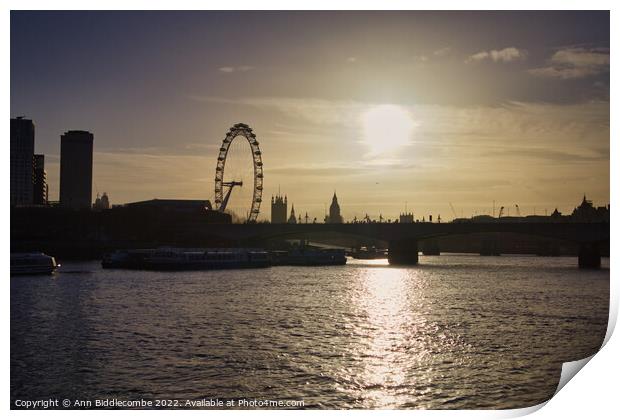View from the Thames towards the London eye Print by Ann Biddlecombe