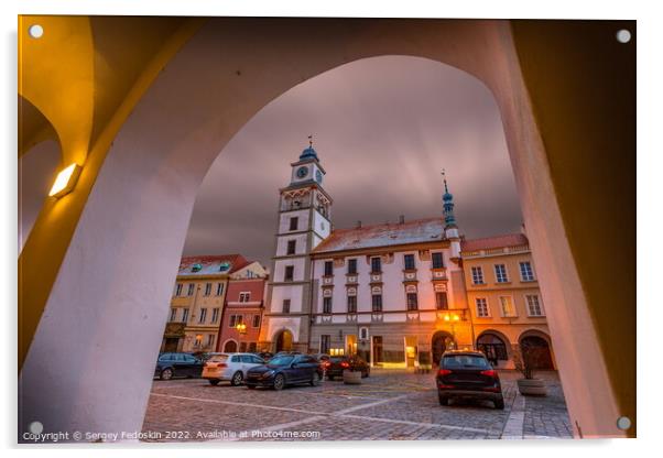 Night view of historical town Trebon in South Bohemian Region. Czechia. Acrylic by Sergey Fedoskin